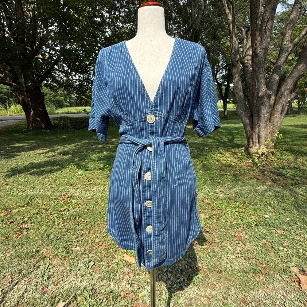Etica Alyssa Kimono Sleeve Belted Mini Dress Vintage Stripe Blue Denim Small - Picture 2 of 10